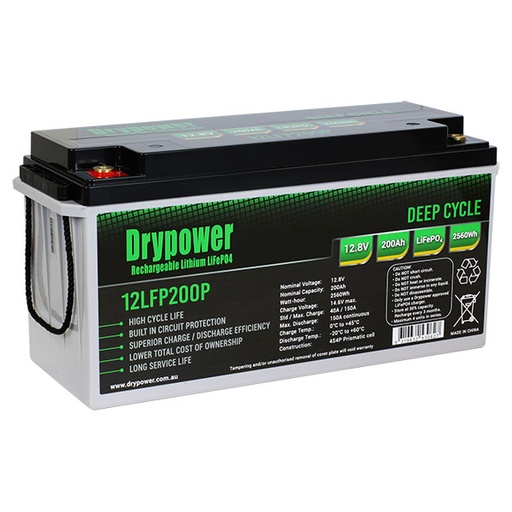 [12LFP200PHR] 12LFP200PHR LiFePO4 12.8V 200Ah 2560Wh DRYPOWER RECHARGEABLE BATTERY + M8 BOLT (Max. 4S) 62619 Compatible